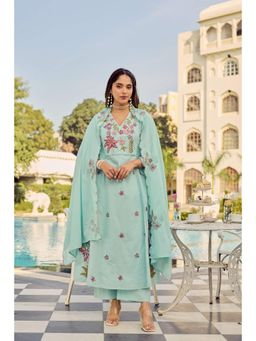 WOOMN - Blue Mint Floral Embroidered Cotton Kurta with Pant and Dupatta