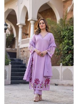 WOOMN - Purple Embroidered Cotton Mul Kurta with Pant and Dupatta