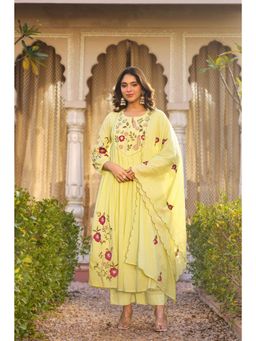 WOOMN - Yellow Floral Embroidered Pintuck Flared Kurta with Pant and Dupatta
