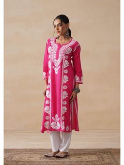 House of Chikankari - Magenta Pure Cotton Chikankari Solid Women's Long Kurta
