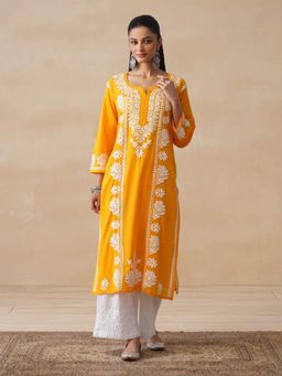 House of Chikankari - Yellow Pure Cotton Chikankari Embroidered Women's Long Kurta