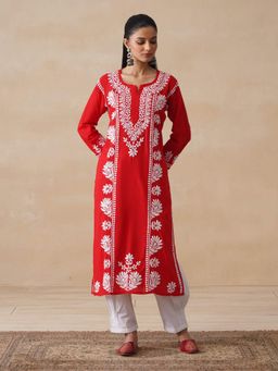 House of Chikankari - Red Pure Cotton Chikankari Embroidered Women's Long Kurt