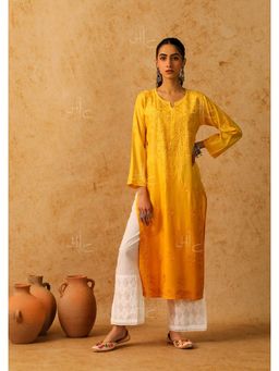 House of Chikankari - Yellow Shab Chikankari Chanderi Straight Kurta