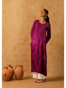 House of Chikankari - Purple Shab Chikankari Chanderi Straight Kurta