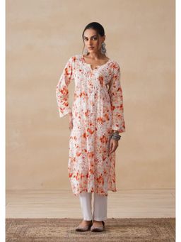 House of Chikankari - Orange Hoc Mulmul Chikankari Printed Women's Long Kurta
