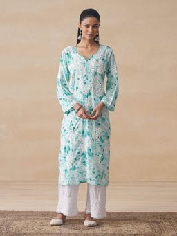 House of Chikankari - Green Hoc Mulmul Chikankari Printed Women's Long Kurta