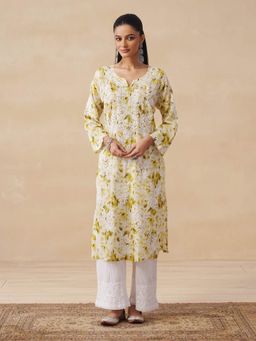 House of Chikankari - Green Hoc Mulmul Chikankari Printed Women's Long Kurta