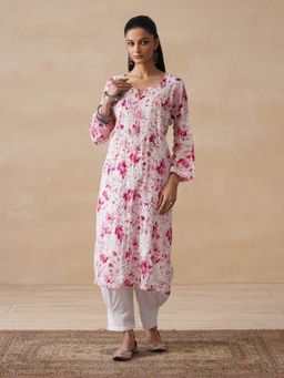 House of Chikankari - Pink Hoc Mulmul Chikankari Printed Women's Long Kurta