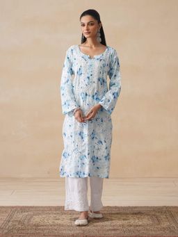 House of Chikankari - Blue Hoc Mulmul Chikankari Printed Women's Long Kurta