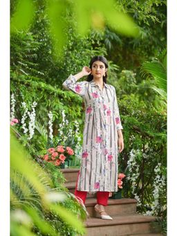 Mahee Jaipur - Off White Off White Striped Floral Print Kurta With Pant