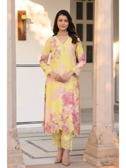 Mahee Jaipur - Yellow Cut Work Scalloped Muslin Kurta With Pant