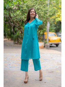 Sutra Art of Clothing - Turquoise Blue Pure Cotton Kurta And Pant Set