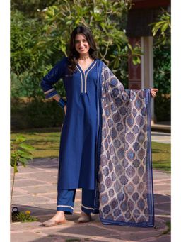Mahee Jaipur - Blue Dobby Cotton Block Printed Kurta With Pant And Dupatta