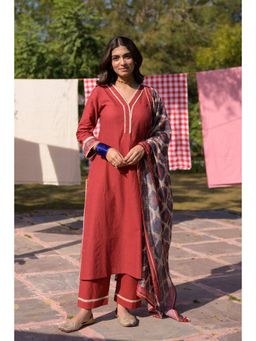 Mahee Jaipur - Red Dobby Cotton Block Printed Kurta With Pant And Dupatta