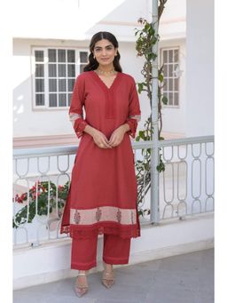 Mahee Jaipur - Brick Red Dobby Cotton Kurta With Pant