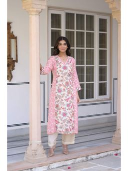 Mahee Jaipur - Pink Floral Jaal Print Muslin Kurta With Pant