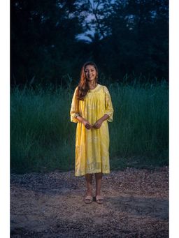 Sutra Art of Clothing - Lemon Yellow Light Mul Chanderi Embroidered Dress
