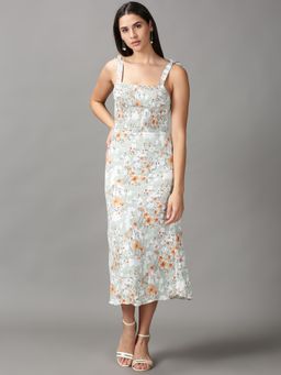 SHOWOFF - Womens Square Neck Midi Sea Green Printed Dress