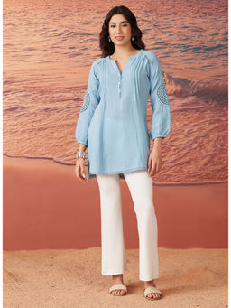 Lakshita - Blue Cotton Gauze Embroidered Kurti for Women