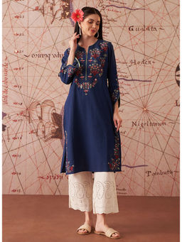 Lakshita - Navy Blue Embroidered Cotton Slub Kurta for Women