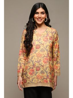 Biba - Women Mustard Floral Printed Poly Crepe Straight Kurti