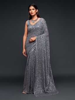 Odette - Women's Grey Georgette Designer Sequins Saree with Unstitched Blouse