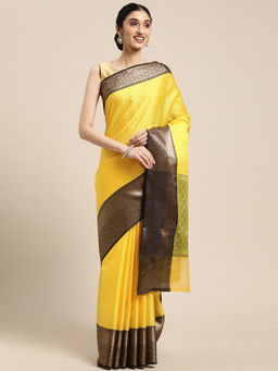 Banarasi Silk Works - Yellow Resham Zari Pattu Border Art Saree with Unstitched Blouse