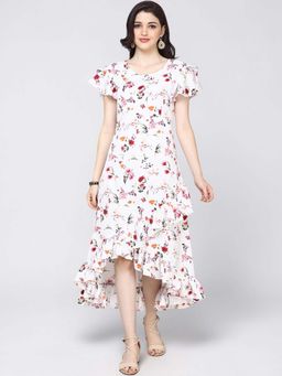 Twenty Dresses by Nykaa Fashion - Ivory Floral Print Asymmetrical Ruffle Midi Dress