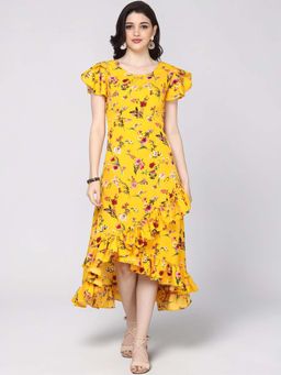 Twenty Dresses by Nykaa Fashion - Yellow Floral Print Asymmetrical Ruffle Midi Dress