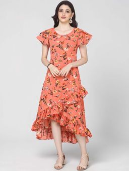 Twenty Dresses by Nykaa Fashion - Peach Floral Print Asymmetrical Ruffle Midi Dress