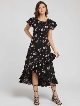 Twenty Dresses by Nykaa Fashion - Black Floral Print Asymmetrical Ruffle Midi Dress