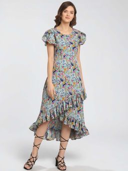 Twenty Dresses by Nykaa Fashion - Blue Floral Print Asymmetrical Ruffle Midi Dress
