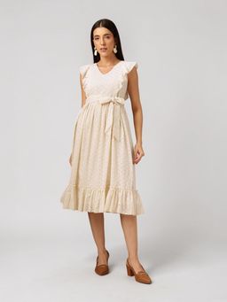 Twenty Dresses by Nykaa Fashion - Cream Schiffli Flutter Sleeve Tie-Up Waist Midi Dress