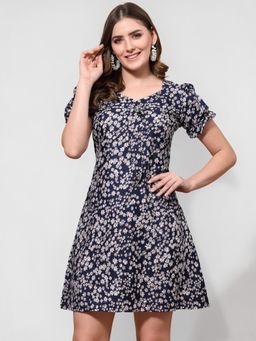 Twenty Dresses by Nykaa Fashion - Navy Blue Floral Print Fit & Flare Mini Dress