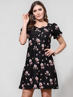 Twenty Dresses by Nykaa Fashion - Black Floral Print Fit & Flare Mini Dress