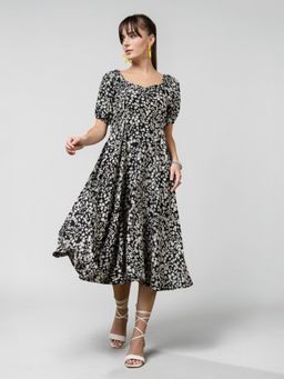 Twenty Dresses by Nykaa Fashion - Black Floral Print Fit & Flare Midi Dress