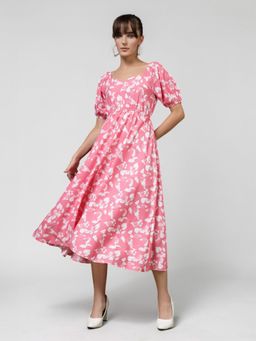 Twenty Dresses by Nykaa Fashion - Pink Floral Print Puff Sleeve Maxi Dress