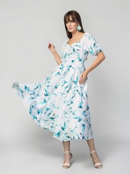 Twenty Dresses by Nykaa Fashion - White & Blue Abstract Print Puff Sleeve Midi Dress