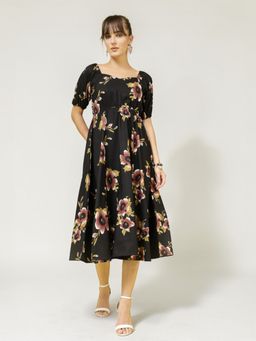Twenty Dresses by Nykaa Fashion - Black Floral Print Puff Sleeve Midi Dress