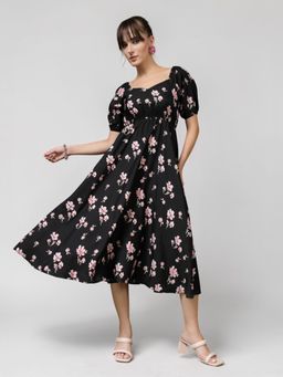 Twenty Dresses by Nykaa Fashion - Black Floral Print Puff Sleeve Midi Dress