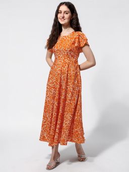 Twenty Dresses by Nykaa Fashion - Orange Floral Print Flutter Sleeve Maxi Dress