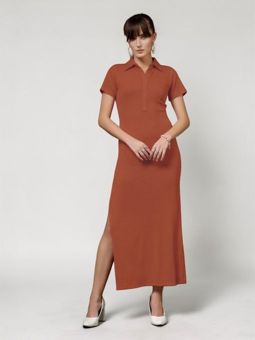 Twenty Dresses by Nykaa Fashion Brown Solid Collar Neck Short Sleeve Maxi Dress