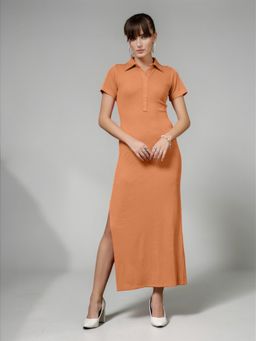 Twenty Dresses by Nykaa Fashion - Orange Solid Collar Neck Short Sleeve Maxi Dress