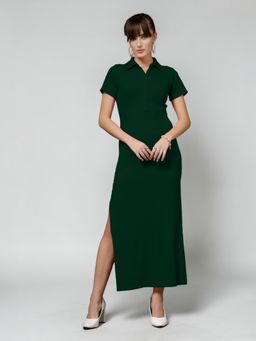 Twenty Dresses by Nykaa Fashion - Dark Green Solid Collar Neck Short Sleeve Maxi Dress