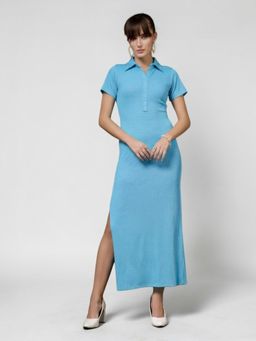 Twenty Dresses by Nykaa Fashion - Blue Solid Collar Neck Short Sleeve Maxi Dress
