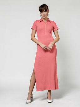 Twenty Dresses by Nykaa Fashion - Pink Solid Collar Neck Short Sleeve Maxi Dress