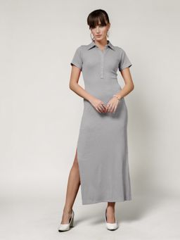 Twenty Dresses by Nykaa Fashion - Grey Solid Collar Neck Short Sleeve Maxi Dress