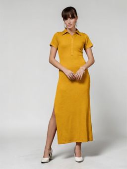 Twenty Dresses by Nykaa Fashion - Yellow Solid Collar Neck Short Sleeve Maxi Dress