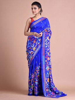 Beatitude - Blue Handwoven Bangalore Silk Kantha Work Saree with Unstitched