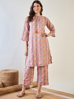 The Kaftan Company - Pink Floral Striped Lurex Co-Ord (Set Of 2)